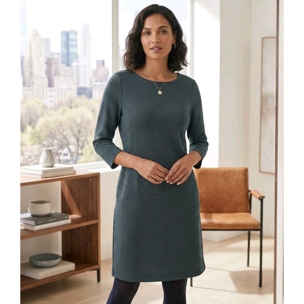 Jill Ponte Knit Tunic Dress XL Green Black Geometric 3/4 Sleeve Teal Shift Work
